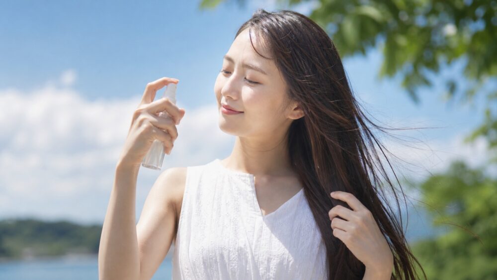 屋外で髪にUVヘアミストを吹きかける女性