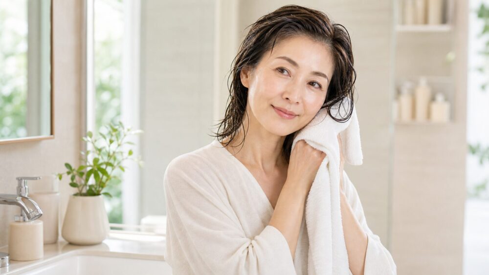 タオルドライ 50代女性 髪を押さえる