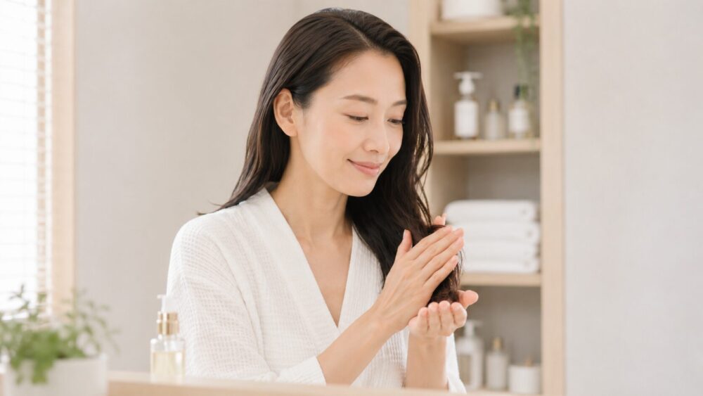 ステップ②手のひらで伸ばして毛先につける