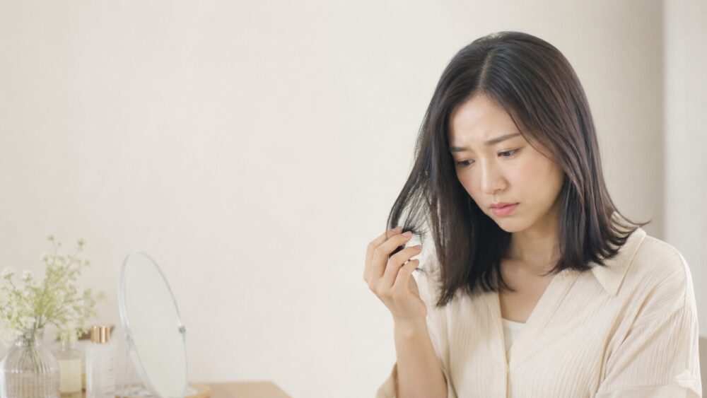 鏡の前で乾燥した髪に触れる30代後半の日本人女性
