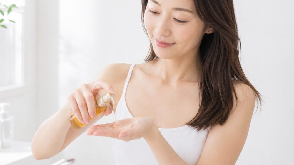 ヘアオイルを手のひらに取っている女性