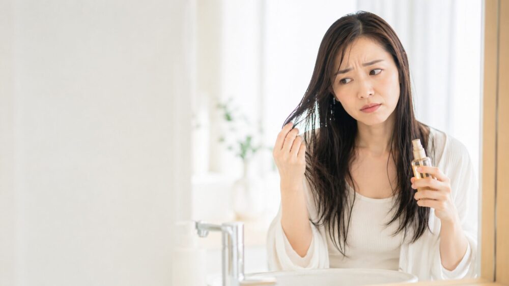 NGなヘアオイルの付け方を反省する女性