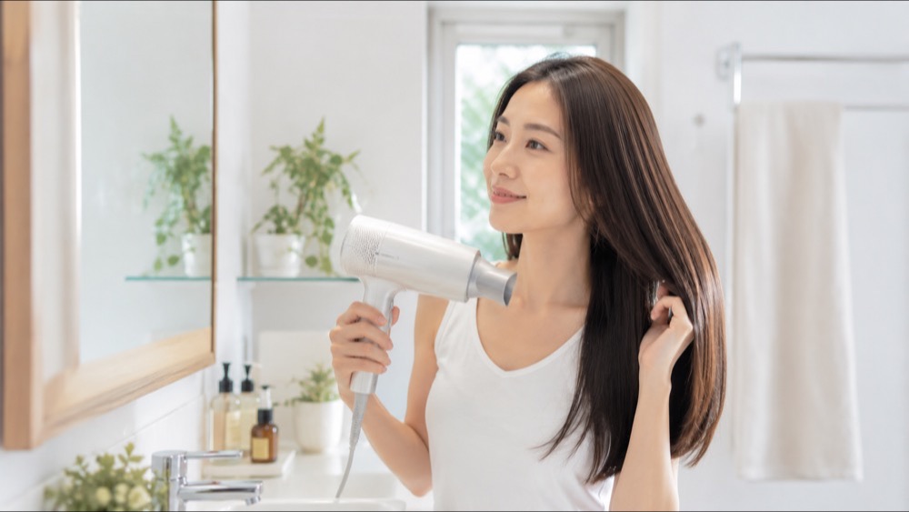 バスルームでドライヤーを使ってツヤのあるストレートヘアを乾かす女性