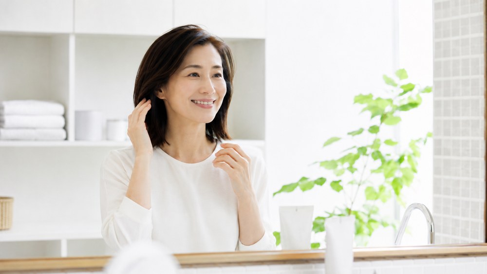 さらさらの髪に満足する女性