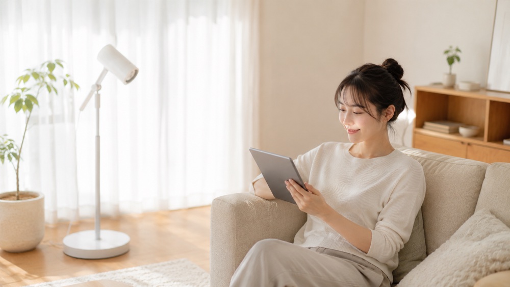 タブレットでドライヤーのレンタルサービスを比較検討する女性