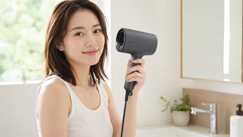 ナノケア EH-NA0Kを手に持ち微笑む40代女性