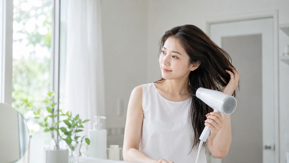 ドライヤーで髪を乾かす女性のイメージ