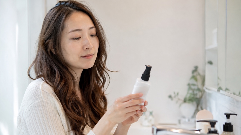 くせ毛の女性がヘアミルクを選んでいる様子