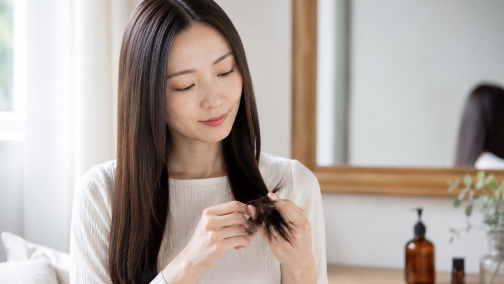 縮毛矯正後のツヤ髪に毛先からヘアオイルをなじませる女性