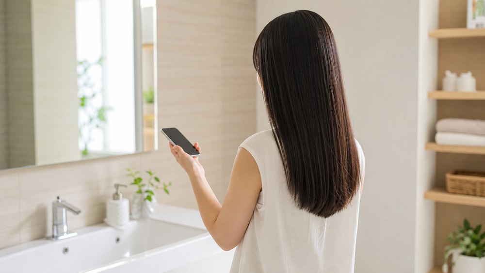 縮毛矯正後のシャンプー開始時間をスマートフォンで確認する女性