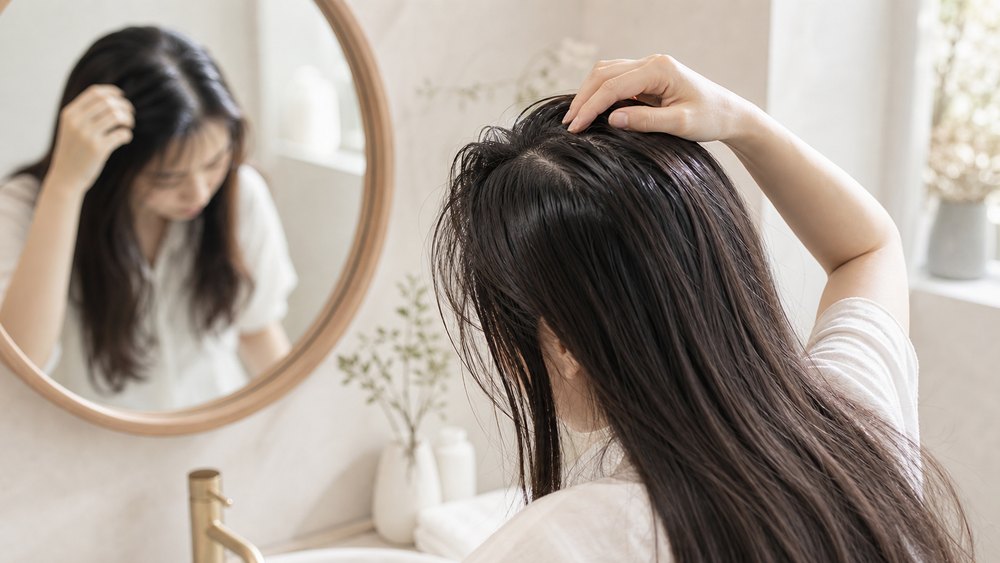ヘアオイルで根元がベタつく原因を鏡で確認する女性