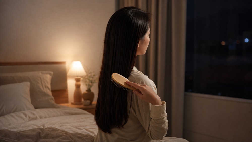 寝る前に髪をブラッシングする女性