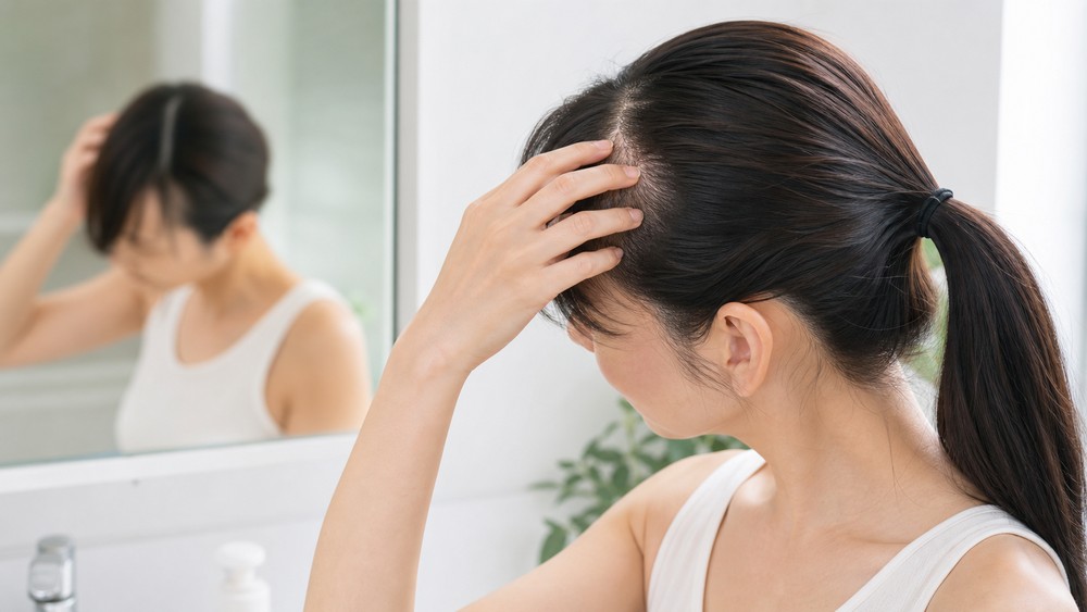夏に髪の生え際と頭皮を鏡で確認する女性