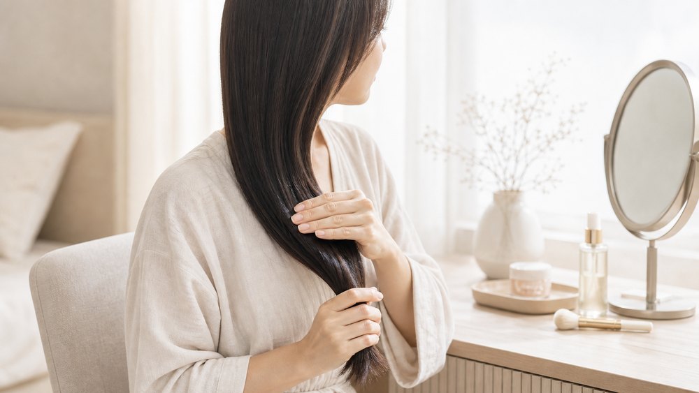 中間から毛先へヘアオイルを正しくなじませる女性