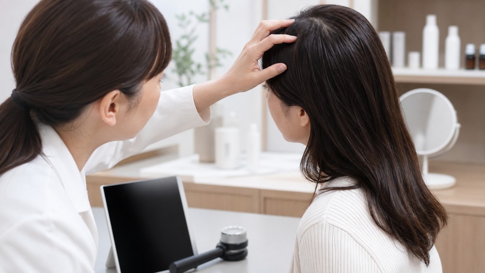 髪と頭皮について専門家に相談する女性