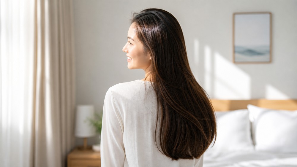 朝の明るい寝室で健康的な髪の女性
