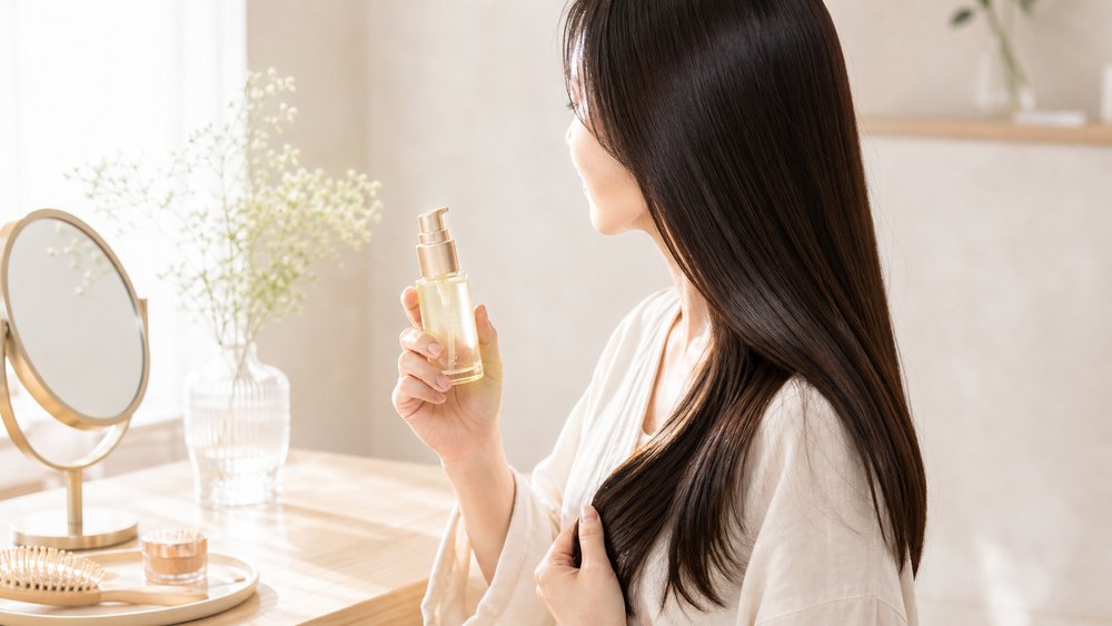 ベタつきにくいヘアオイルを持つツヤ髪の女性