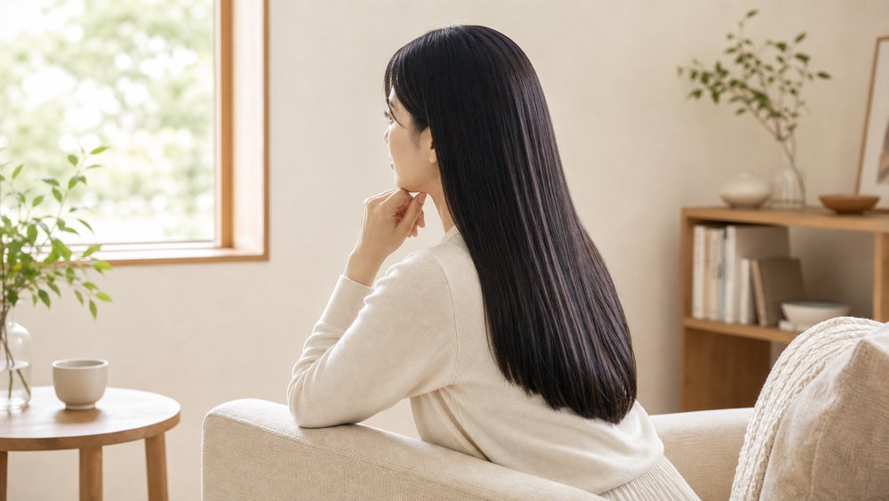 縮毛矯正後のケアについて考えるストレートヘアの女性