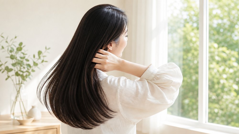 窓辺でツヤのあるストレートヘアに指を通す女性