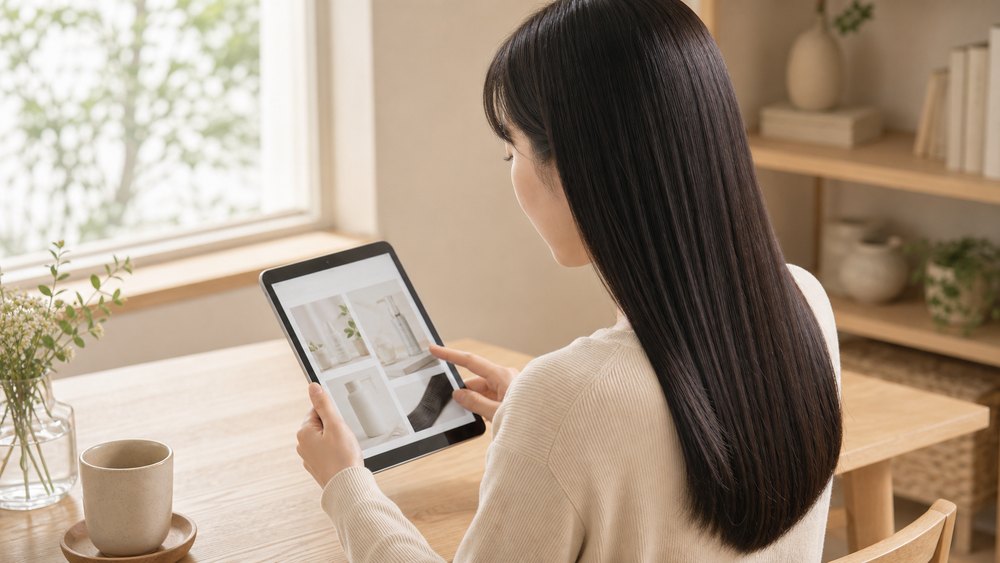 タブレットでヘアケア関連記事を読むストレートヘアの女性