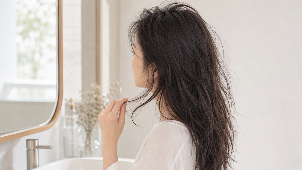 くせ毛の寝癖が直らない原因を鏡で確認する女性