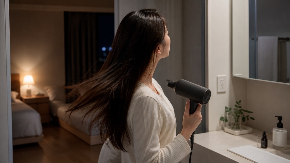夜にドライヤーで髪を乾かす女性