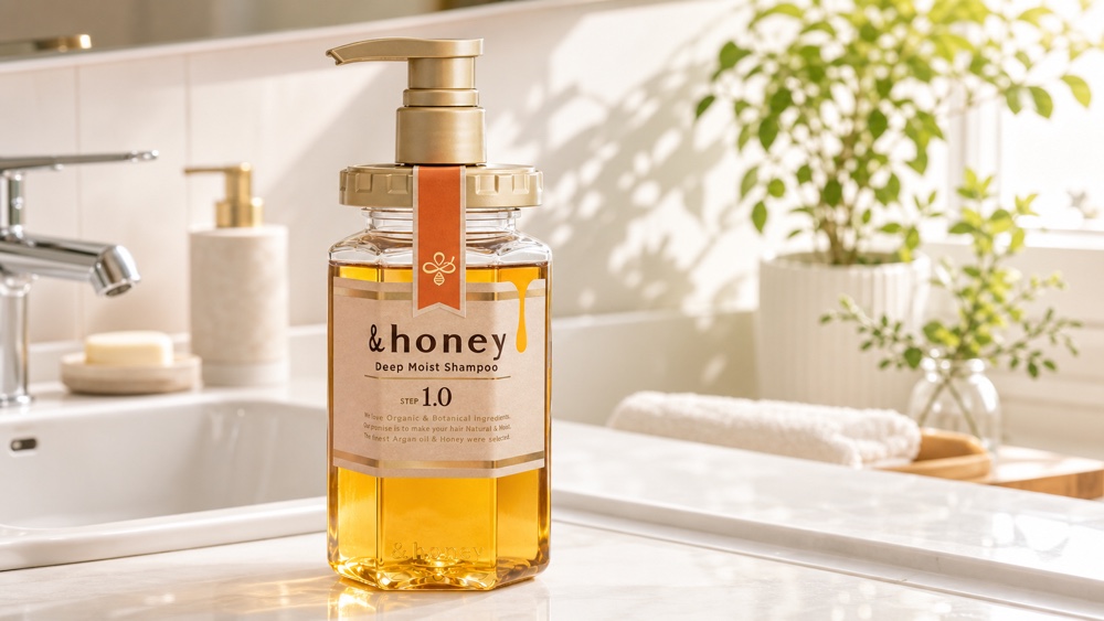 &honey Deep Moist Shampooを白い洗面台に置いたイメージ