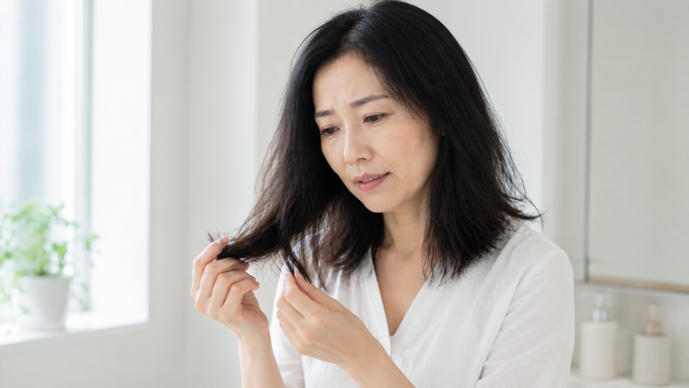 乾燥してパサつく髪に悩む女性
