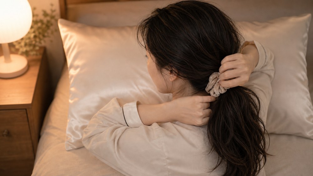 摩擦を減らすナイトケアで髪をゆるくまとめる様子