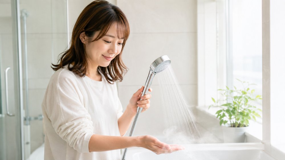 シャワーヘッドから流れるぬるま湯と湯気
