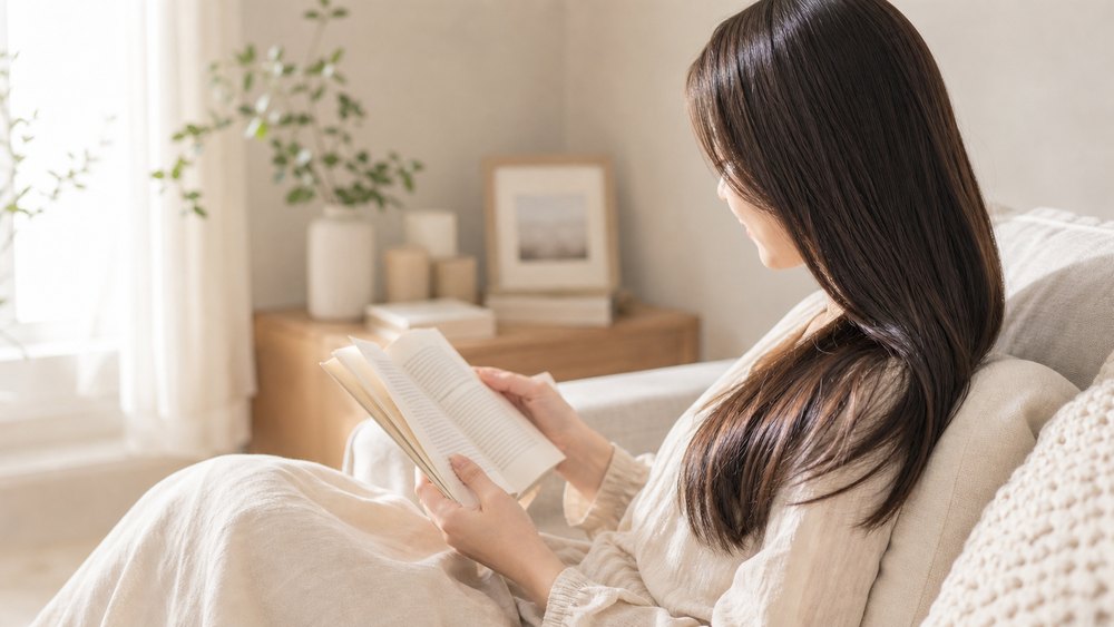 ツヤ髪の女性が明るい部屋で関連記事を読む様子