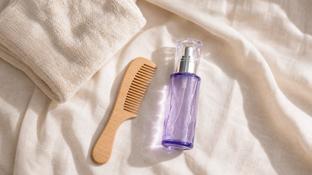 くせ毛ヘアケア関連記事のためのコームとセラムのフラットレイ