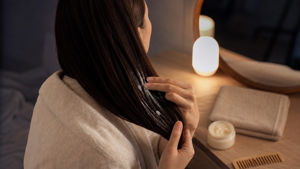 夜用トリートメントを髪になじませる女性