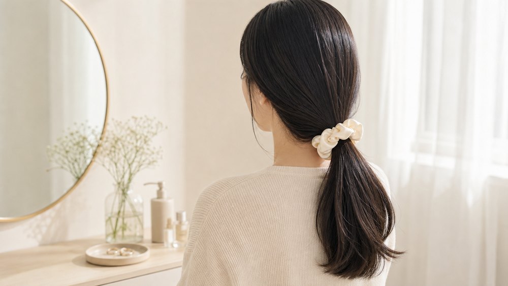 跡がつかないよう柔らかいシュシュで髪をゆるく結ぶ女性