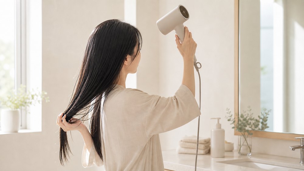 当日洗った髪を落ち着いて下向きに乾かす女性