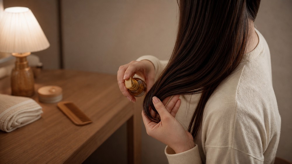 洗い流さないヘアオイルを毛先につける女性