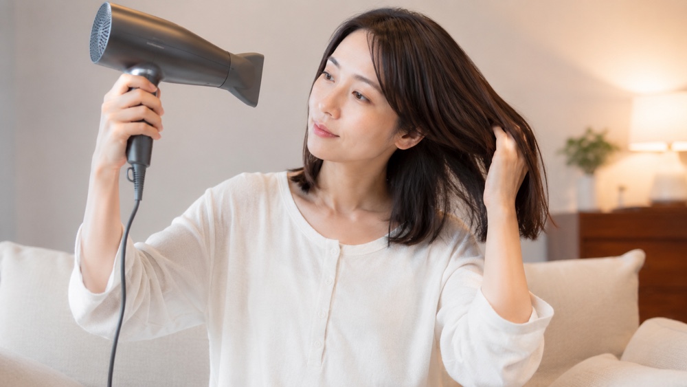 お風呂上がりにドライヤーで髪を乾かす女性