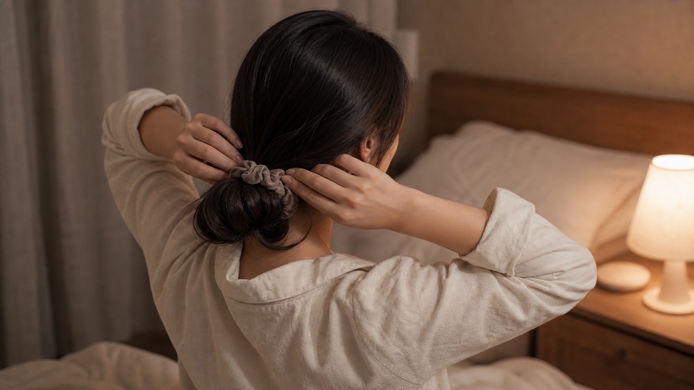 髪をゆるくまとめて寝る準備をする女性
