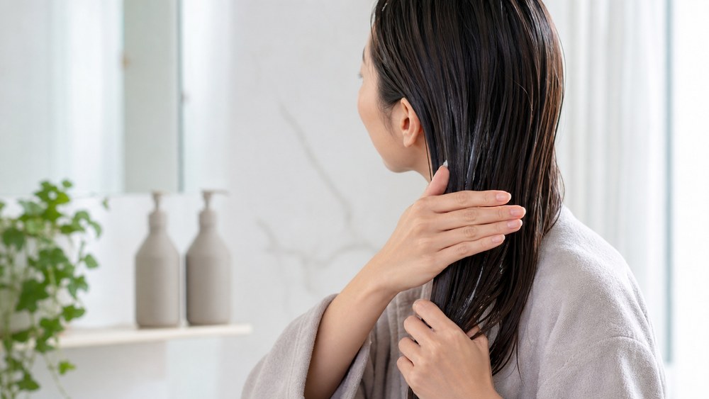 トリートメント後にコンディショナーで髪表面を整える女性