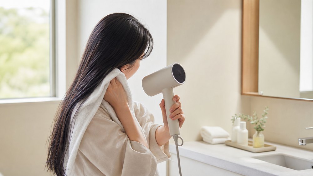 タオルドライ後に髪を下向きに乾かす女性