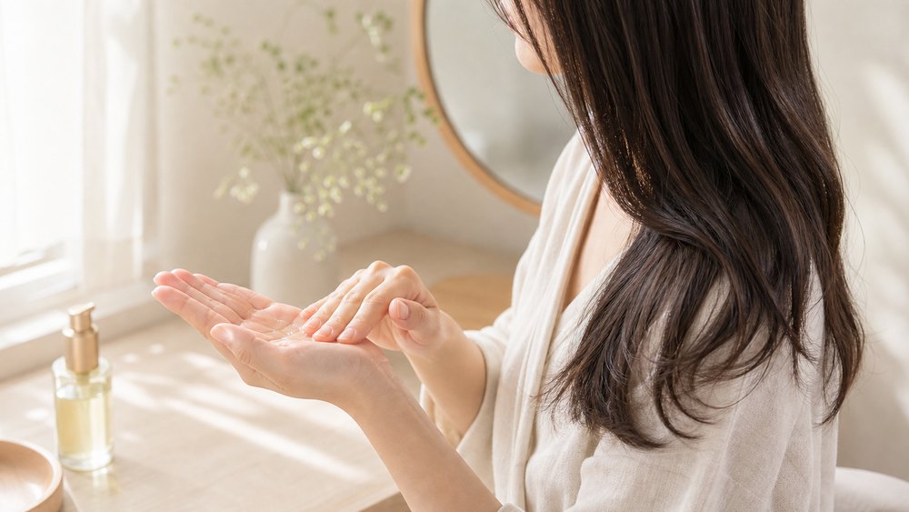 ヘアオイルを少量ずつ継ぎ足してなじませる女性