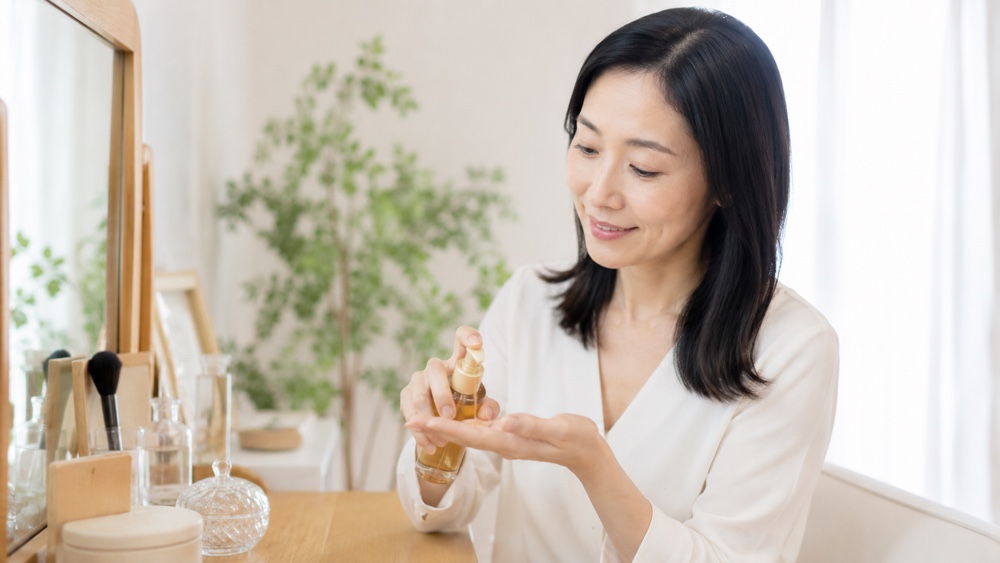 髪にヘアオイルをなじませる女性