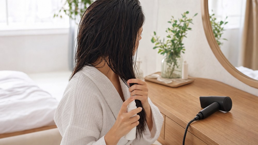 ドライヤー前に洗い流さないトリートメントを使う女性