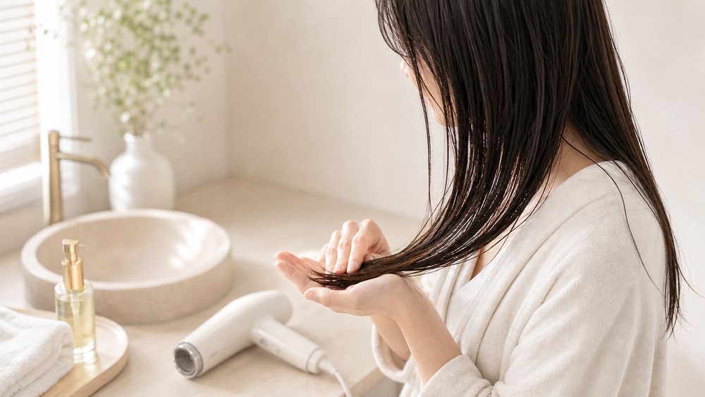 タオルドライ後の毛先にヘアオイルをなじませる女性