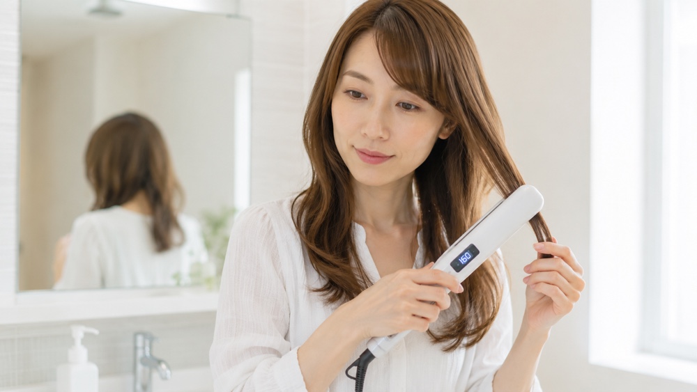 ヘアアイロンでスタイリングする女性