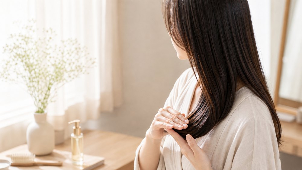 朝のスタイリングで毛先にヘアオイルを軽くつける女性