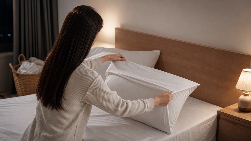 清潔な枕カバーを交換する女性