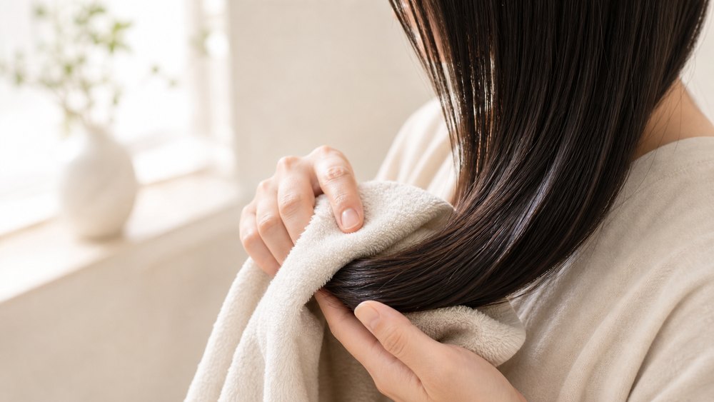 つけすぎたヘアオイルを乾いたタオルでリセットする女性