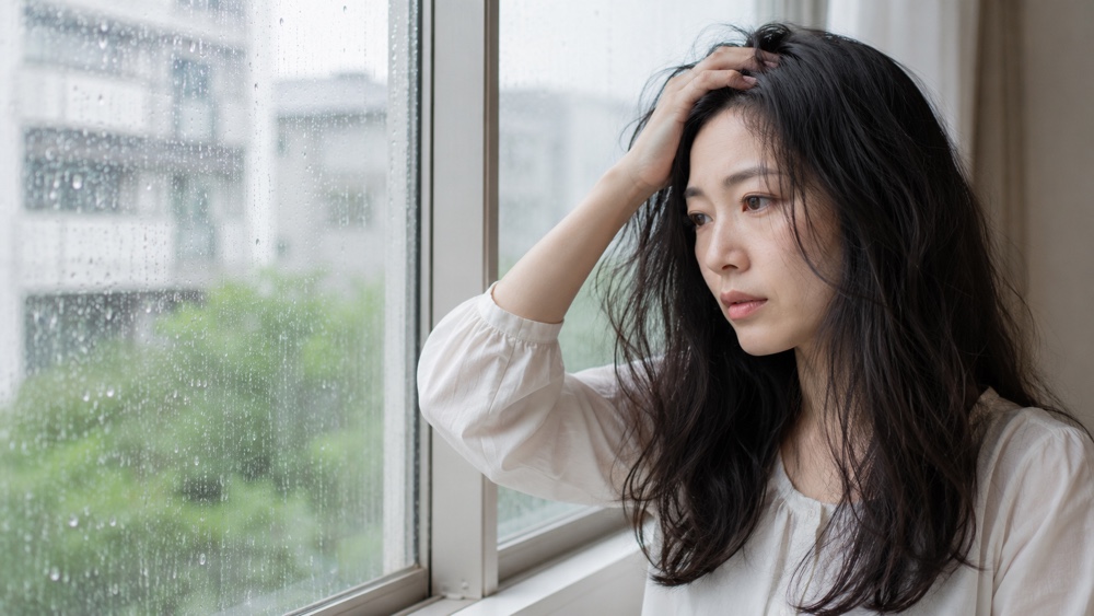 雨の日に髪のうねりに悩む女性