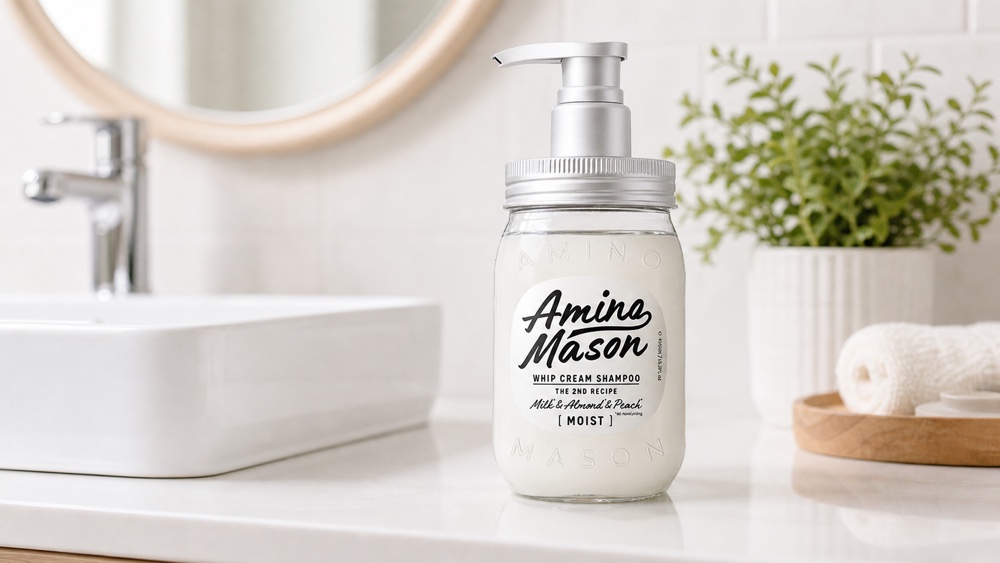 Amino Mason MOISTを白い洗面台に置いたイメージ